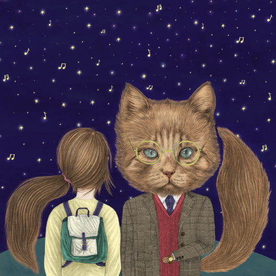 Tecknad katt och flicka