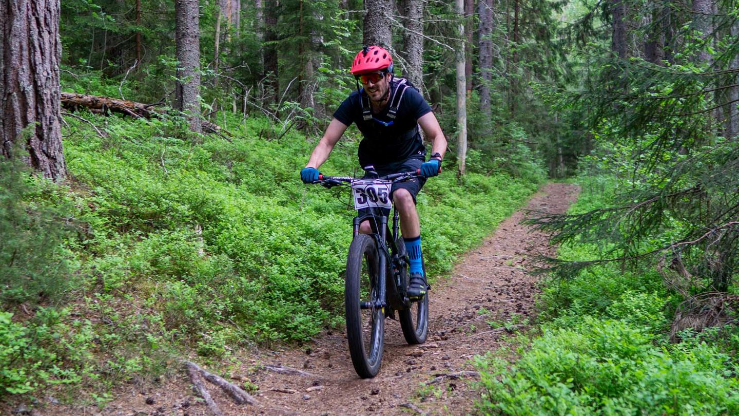 MTB-cyklist på en skogsstig